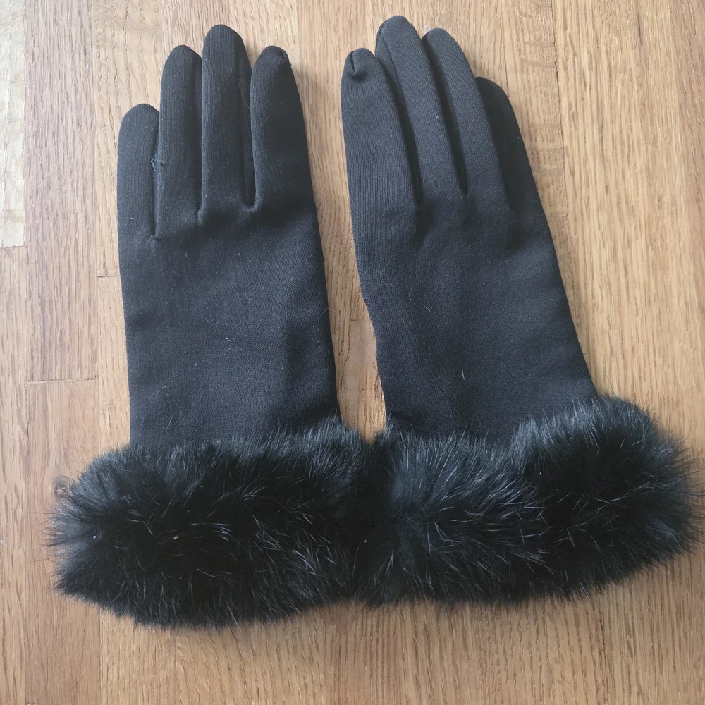Women's Rabbit Fur Cuff Knit Gloves Black Small - Picture 1 of 4